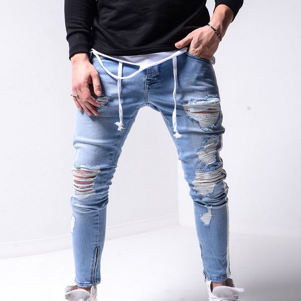 

hip hop hole denim pants men stretchy ripped jeans pants slim fit jeans trousers zipper pencil stripe pantalon homme, Blue
