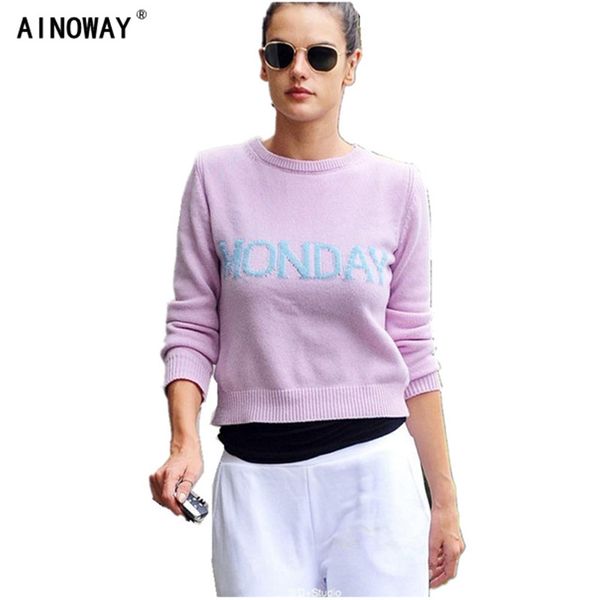 

vintage winter fashion colorful week letter set long sleeve sweater for women rainbow knitted o-neck lady's oversized sweater, White;black