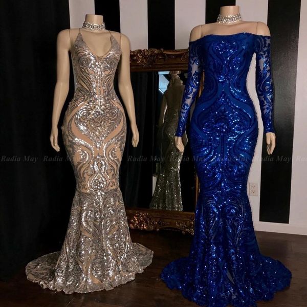 

sparkly arabic sequined mermaid african prom dresses 2020 royal blue long sleeve formal plus size evening reflective gowns
