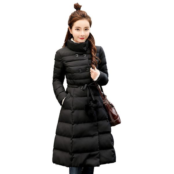 

women winter jacket warm coat with belt slim double breasted casual female outwear thick long coat womens coats winter parka new, Black