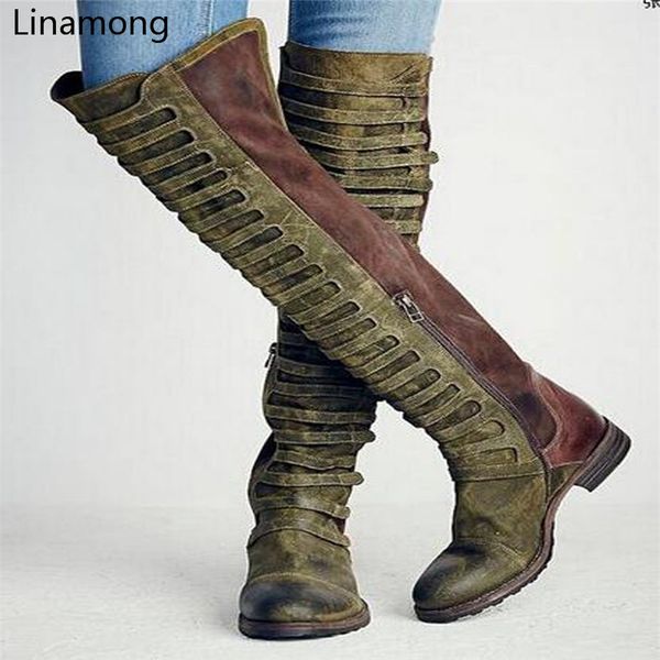 

women over-the-knee round toe boots ladies flat heel patchwork design vintage shoes female roma style long boots street style, Black