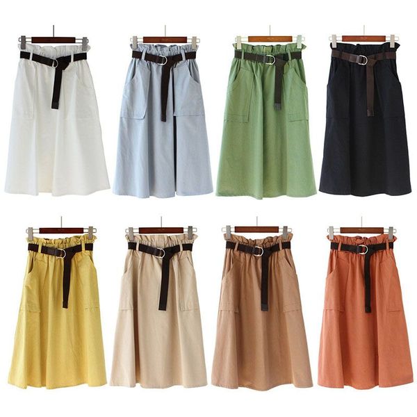 

vintage solid elastic high waist skirt women elegant lace-up a-line ladies skirt packets casual literary style skirts, Black