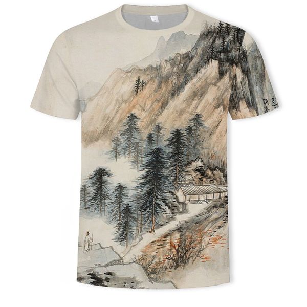 

mens designer leisurely landscape short sleeve t-shirt, White;black
