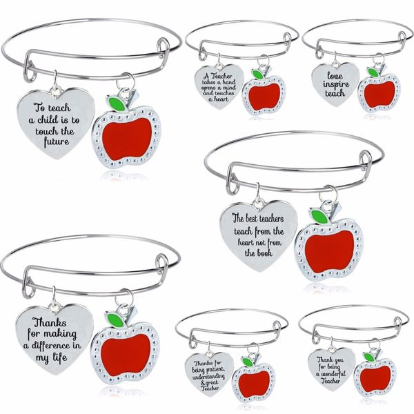 

love heart red apple charms thank you teachers bangles bracelets gifts for appreciation teacher jewelry teacher's day presents, Black