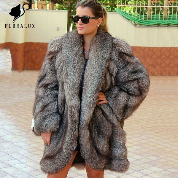 

new women real silver fur coats fashion fur jacket with big lapel collar natural overcoat slim winter thick warm fashion, Black