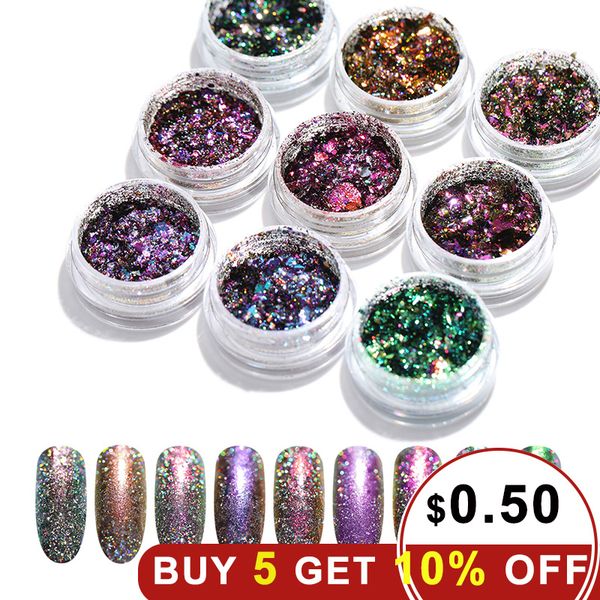 

1 box holographic chameleon chrome nail powder laser glitter shiny sequins nail art decoration diy image pigment powder, Silver;gold