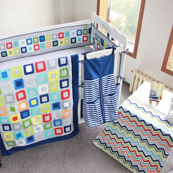 

9pcs baby bedding set embroidery colorful tetris crib bedding set quilt bumper mattress cover skirt diaper bag cot