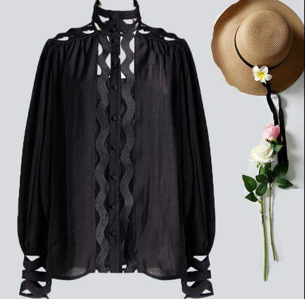 

wave hollowed-out lantern sleeve shirt, White