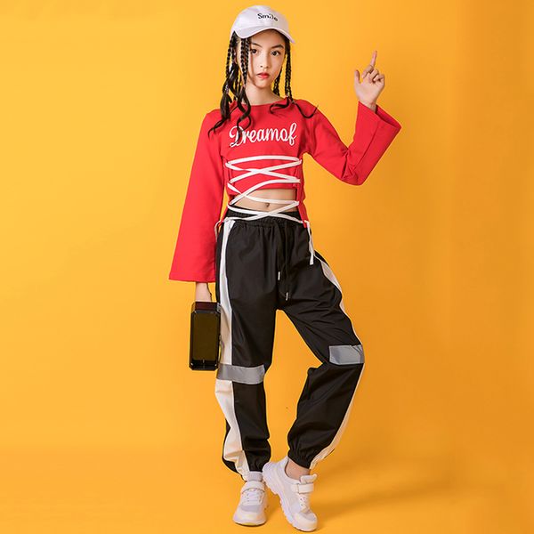 

girls hip-hop clothes jazz dance wear kids performance outfits children's pant students dance costume girls navel sweater bl3326, Black;red