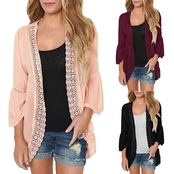 

youyedian women kimono cardigan printed blouse solid lace long sleeve chiffon cardigan loose kimono blouse, White