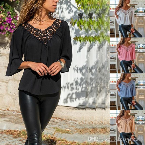 

womens designer solid color tshirt spring new cropped v neck lace panel fashion famale clothing, White