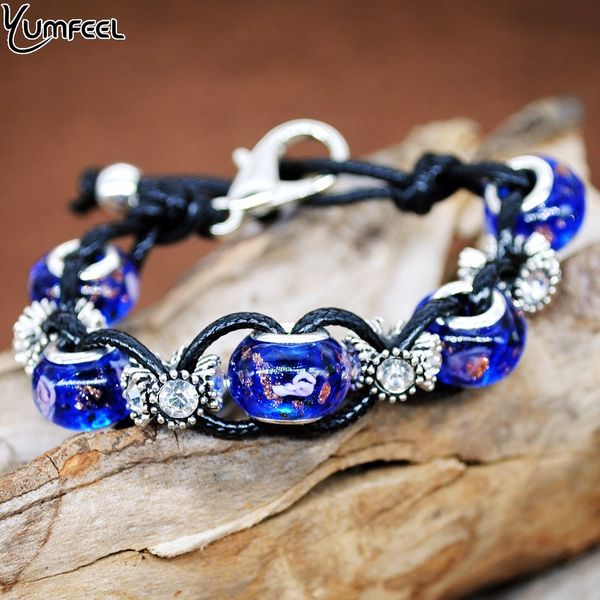 

yumfeel antique silver charm bracelet & bangle with crystal munaro flower beads women jewelry 8 colors, Black