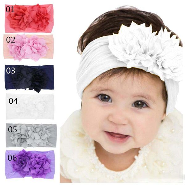 

baby headband headdress two lotus flowers nylon soft bohemia hair accessories children kids headbands princess headwear head wraps, Slivery;white
