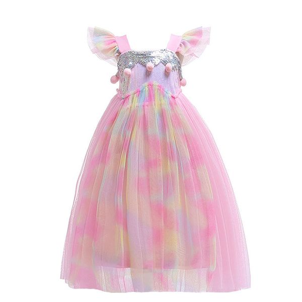 

girl princess dresses ruffle gauze sequined pompom flying sleeve backless full dress kids prom clothes girls baby girl dresses 07, Red;yellow