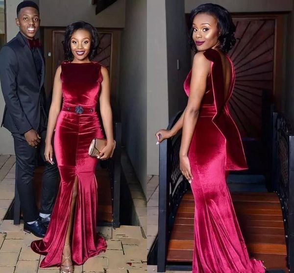 

Dubai African Burgundy Velvet Formal Black Girls Prom Dresses Mermaid Evening Gowns Party Dresses Evening Wear Sweep Train Vestidos