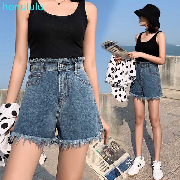 

summer wear korean version of loose student wide leg denim shorts mesh red high waist jeans women's flash pants, Blue