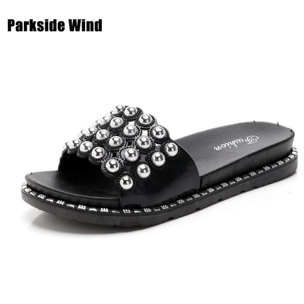 

parkside wind women slippers pearl cutout home non-slip wear-resistant outdoor ladies flat shoes fashion 2020 autumn winter, Black