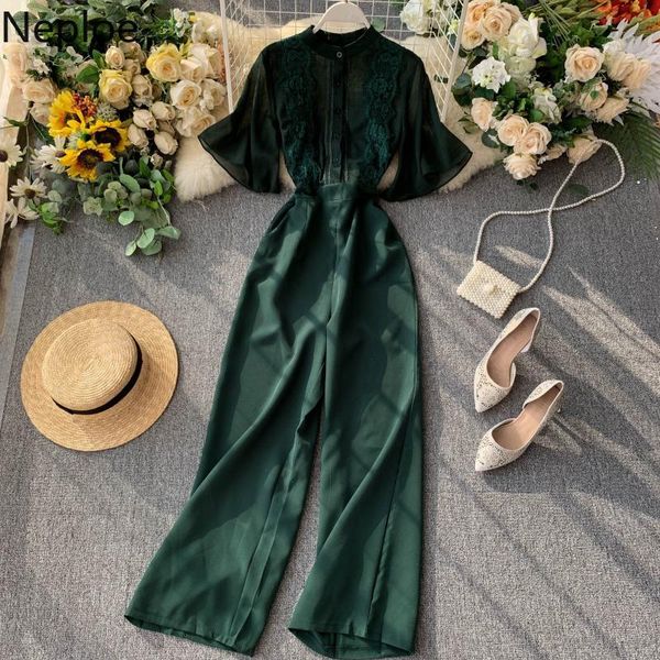

neploe rompers women jumpsuit fashion lace patchwork solid chiffon bodysuit 2020 summer short sleeve loose wide leg playsuits, Black;white