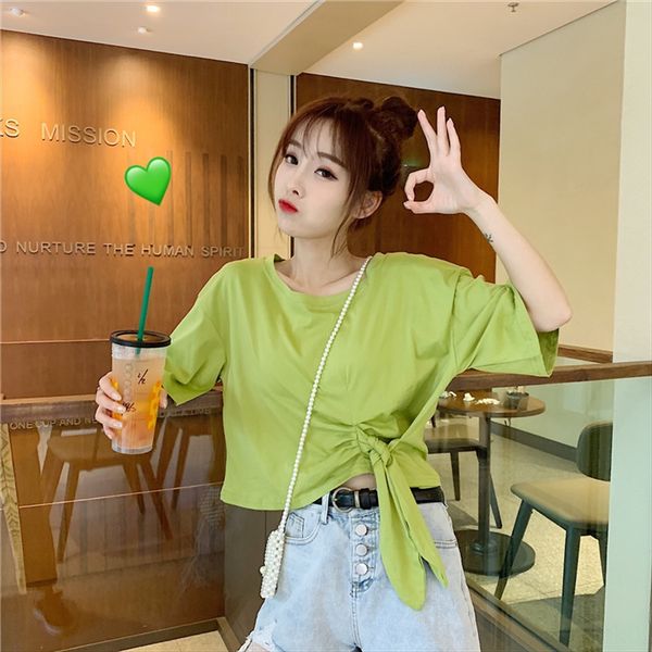 

2019 navel butterfly short design bowknot loose avocado green short-sleeved women's wear 2019 navel t-shirt butterfly short design bowk, White