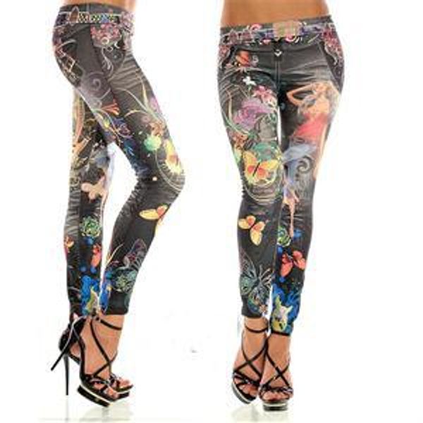 

elastic ankle-length slim punk style faux denim pencil pants women leggings butterfly flower printed imitation jeans, Blue