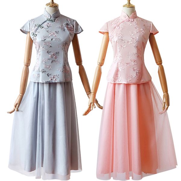 

2 pieces/set fashion sleeve embroidery vintage modern traditional satin chinese dress qipao cheongsam chinese wedding dress 99, Red