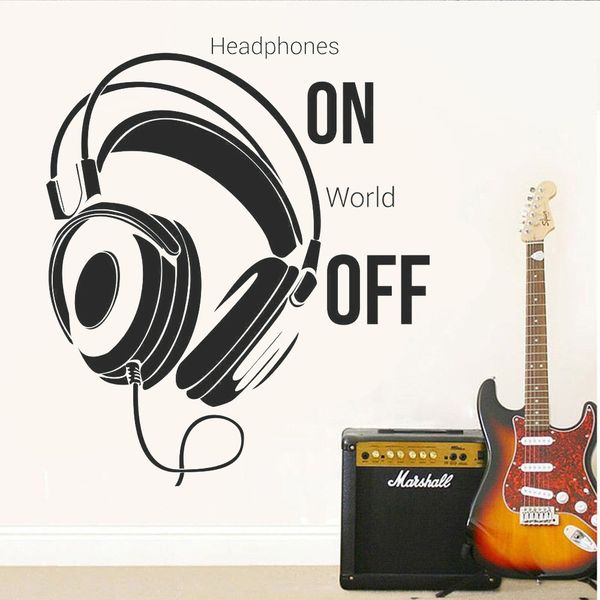 Music Room Music Wall Sticker Quotes Headphones On World Off Family Bedroom Decoration Vinyl Decal Teenagers Room Mural Wall Stickers For Girls Wall