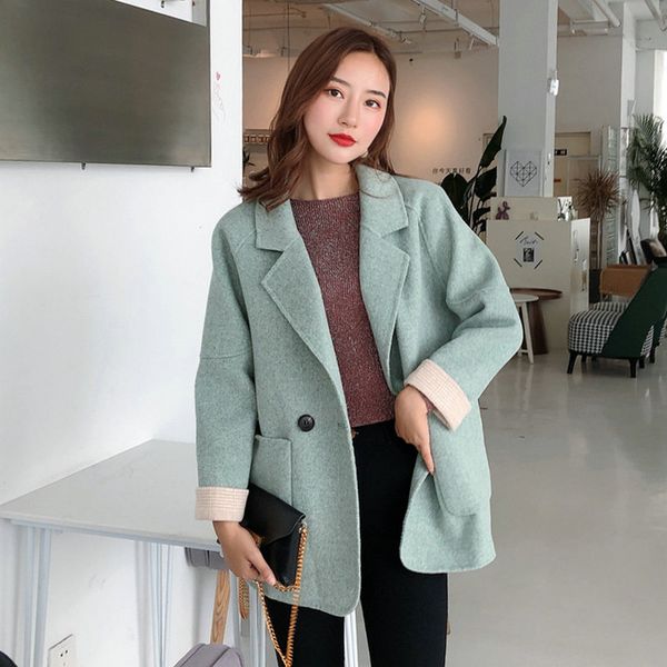 

100% wool autumn new wool coat alpaca warm winter coat women blazer pink wool coat office lady slim female overcoat, Black