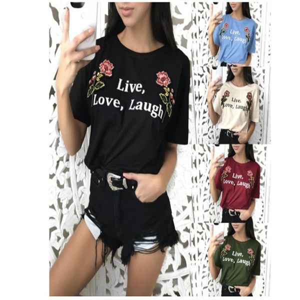 

женщина флора print designer summer tshirt письмо печати с коротким рукавом экипаж шеи famale повседневная одежда мода тройников, White