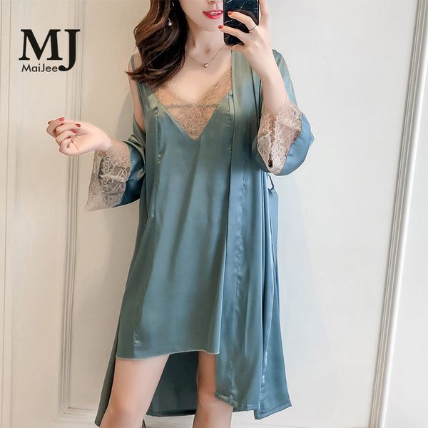 

x090 nightgown nightdress spring and autumn ladies lace sling pajamas dress robe two piece set silk home service new style, Black;red