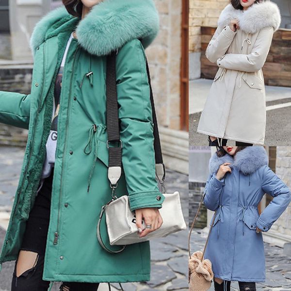 

women winter faux fur collar waist tight zipper plushy lining warm parka coat new women long coat autumn winter warm parka, Black