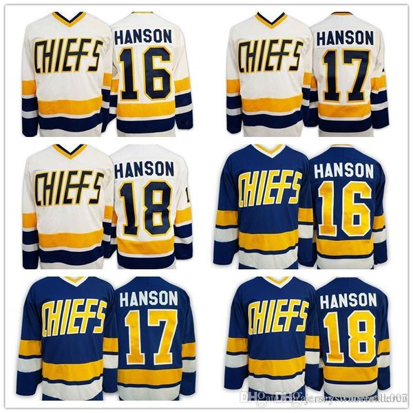 

New Slap Shot Movie Charlestown Chiefs Hockey Jerseys 16 Jack Hanson 17 Steve Hanson 18 Jeff Hanson Blue White Stitched Jerseys Wholesale