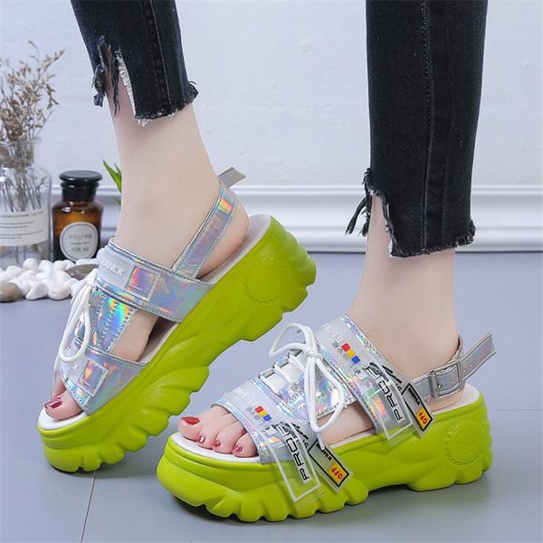 

women's platform sandals 2020 new lady summer 8cm wedge high heels buckle strap footwear party fur female chunky sandal shoes, Black