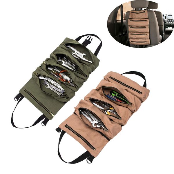 

khaki car seat organizer storage bag back hardware multi-pocket storage tool canvas roll plier screwdriver spanner bag mant330