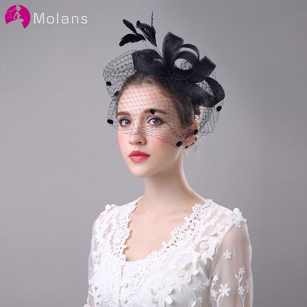 

molans feather hollow out mesh fascinator for elegant women handmade wedding hat for party hair accessories 2020 new fklwm, White