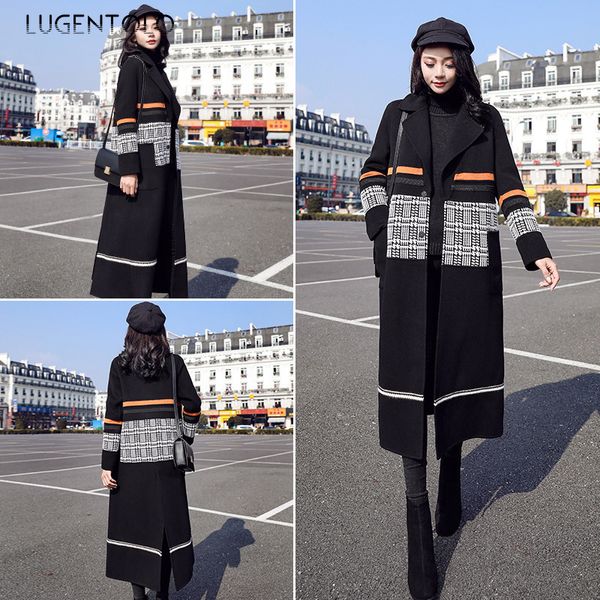 

lugentolo women's woolen coat autumn and winter fashion large size long stitching hit color houndstooth knee-knit woolen coat, Black