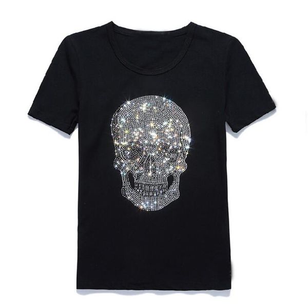 Kndf Shining Diamond Strass Teschio O-Collo T-shirt in cotone a maniche corte Tee Blackmens T-shirt Uomo