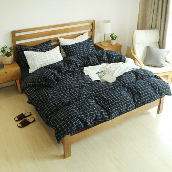 

bedding set lattice washed cotton 4pc/set bedding set home textiles duvet+pillowcase+fitted sheet 2020 new simple bed bx06