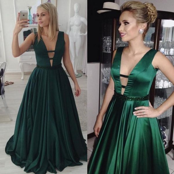 

custom made deep v neck prom dresses dark green backless long satin party gowns with beaded waistline vestidos de fiesta, Black