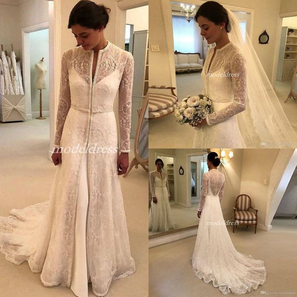 

2019 two pieces wedding dresses with long coat long sleeve sweep train lace beads garden country chapel bridal gowns vestido de novia, White