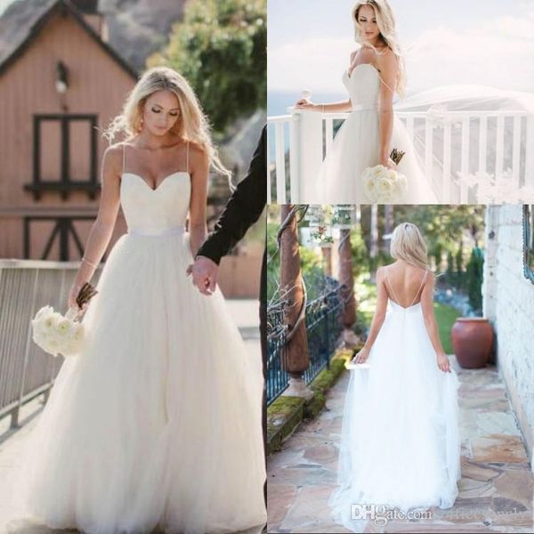 

2019 vintage ivory spaghetti straps tulle sweetheart neckline long wedding dresses floor length backless beach bridal gowns, White