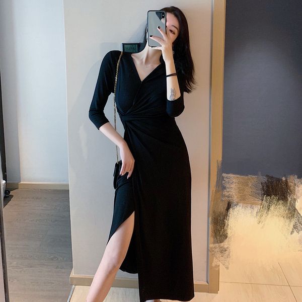 

korean style new elegant slim small fragrance waist slimming long-sleeved dress spring and summer 2020 new womens fashion, White;black