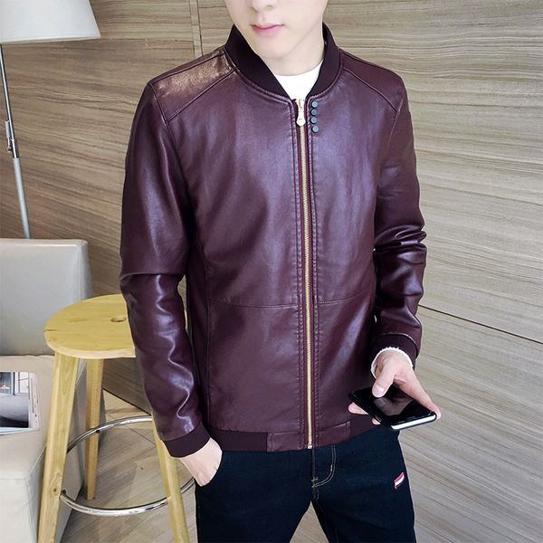 

new style trend casual slim fit winter models youth popularity thick collarless korean-style tight type men pu leather jacket, Black