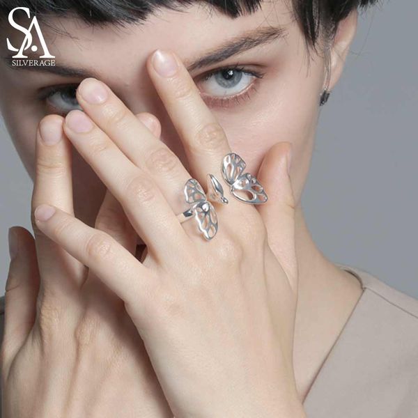 

sa silverage adjustable 925 sterling silver rings sets for women fine jewelry fashion weddings butterfly double rings, Golden;silver