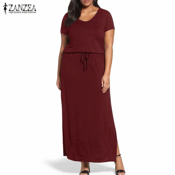 

casual loose v neck dress women 2019 zanzea summer long sleeve high waist split solid maxi long dresses plus size vestidos, Black;gray