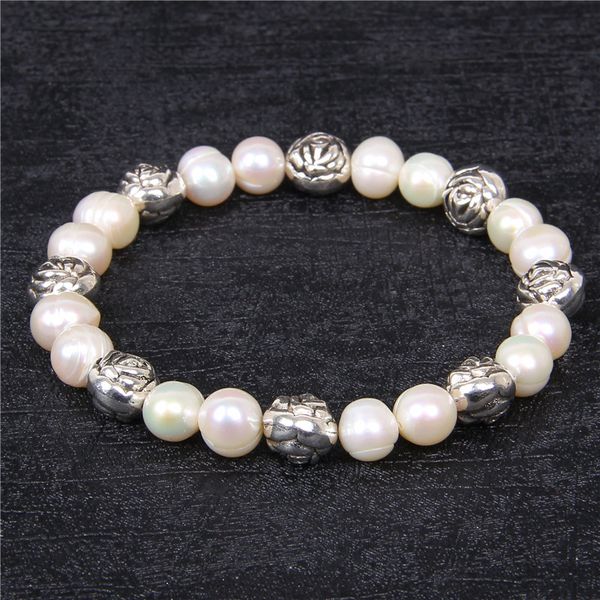 

natural freshwater white pearls round bracelets chains spaced alloy rose flowers balls charms bangles women girls jewelry gifts, Black
