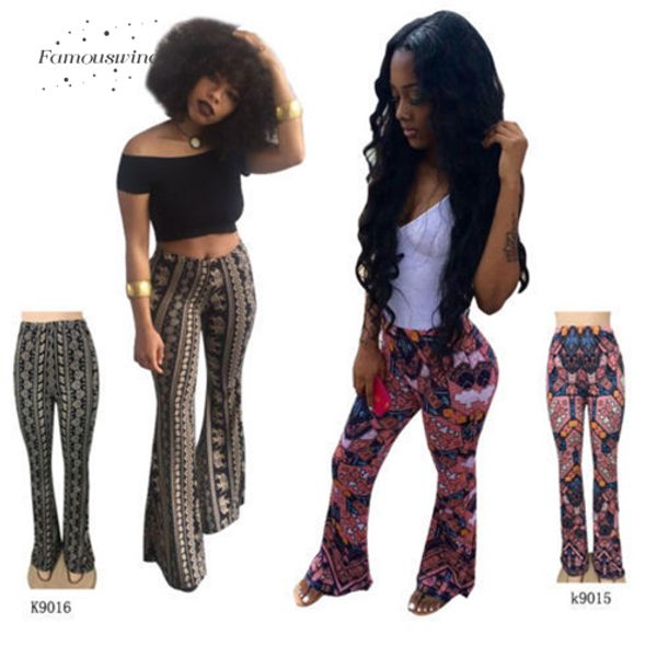 

stylish women pants printed high waist stretch slim flare bell bottom boho fleece long flare trousers clubwear beach style, Black;white