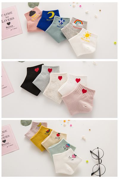 

fashion women girls socks summer autumn casual cotton socks cartoon fruit short ankle socks breathable heart-shaped weather letter, Black;white