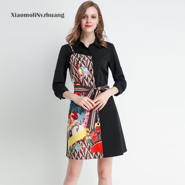 

xiaomoli simple shirt, fashion and patchwork dress, lapel, waistband and thin temperament, new in autumn and winter 2019, Black;gray