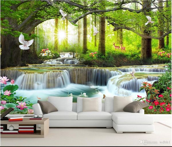 

3d room wallpaper custom p non-woven mural simple casual green big tree forest sika deer pigeon waterfall wallpaper for walls 3 d