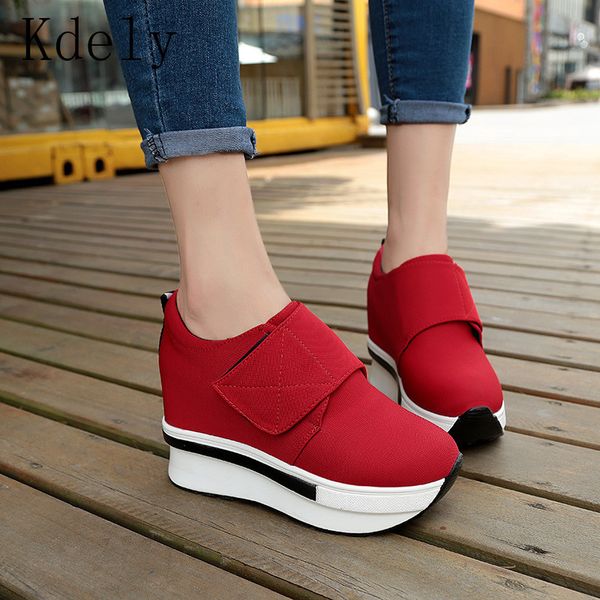 

flock new high heel lady casual black/red women sneakers leisure platform shoes breathable height increasing shoes